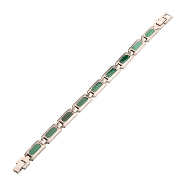 Matte Finish Stainless Steel Malachite Stone Inlay Sizeable Link Bracelet