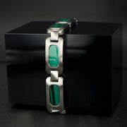 Matte Finish Stainless Steel Malachite Stone Inlay Sizeable Link Bracelet