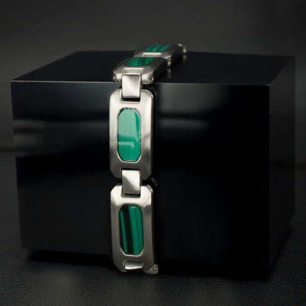 Matte Finish Stainless Steel Malachite Stone Inlay Sizeable Link Bracelet