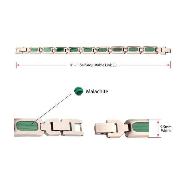 Matte Finish Stainless Steel Malachite Stone Inlay Sizeable Link Bracelet