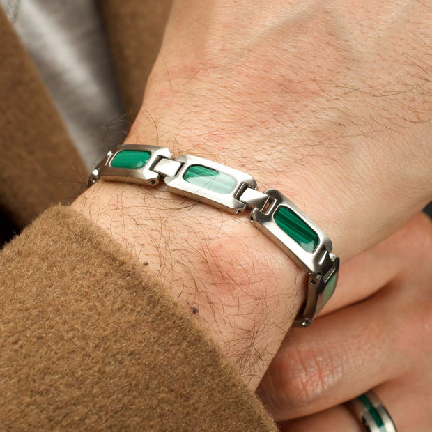 Matte Finish Stainless Steel Malachite Stone Inlay Sizeable Link Bracelet