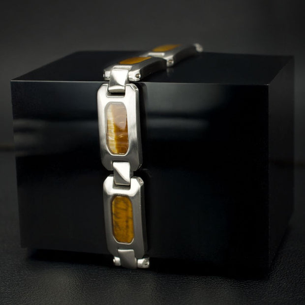 Men's 18Kt Gold IP Black Onyx & Tiger Eye Link Bracelet | Size Adjustable Stainless Steel