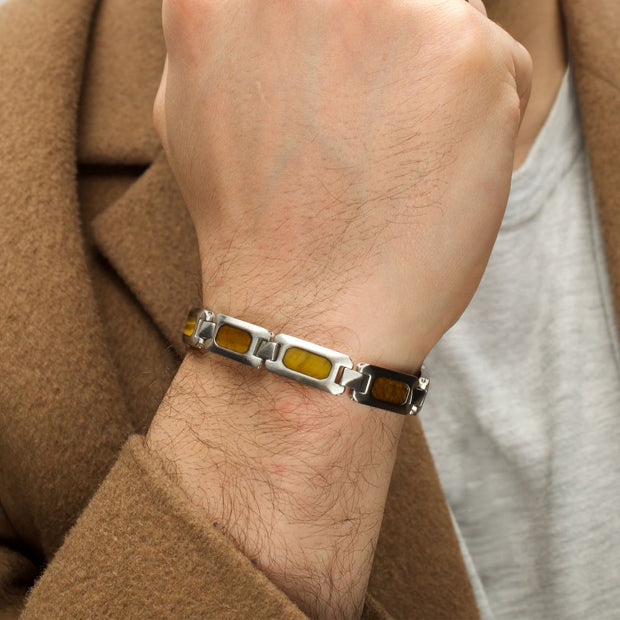 Men's 18Kt Gold IP Black Onyx & Tiger Eye Link Bracelet | Size Adjustable Stainless Steel