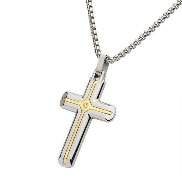 18Kt Gold IP Stainless Steel Two Tone Lab-Grown Diamond Cross Pendant with Box Chain