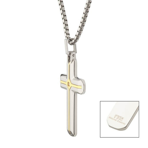 18Kt Gold IP Stainless Steel Two Tone Lab-Grown Diamond Cross Pendant with Box Chain