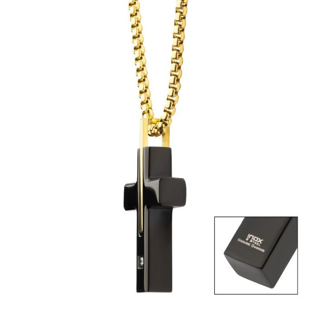 18Kt Gold IP Stainless Steel Two Tone Black IP Lab-Grown Diamond Cross Pendant with Box Chain