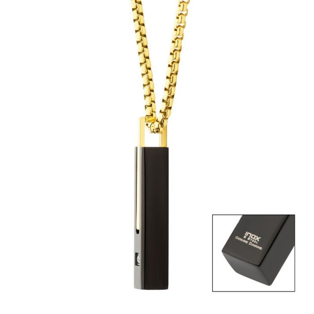 18Kt Gold IP Stainless Steel Two Tone Black IP Lab-Grown Diamond Drop Pendant with Box Chain