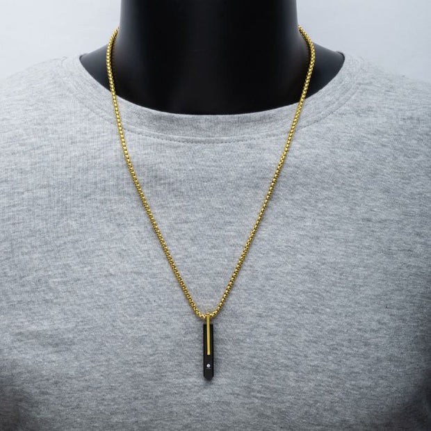 18Kt Gold IP Stainless Steel Two Tone Black IP Lab-Grown Diamond Drop Pendant with Box Chain