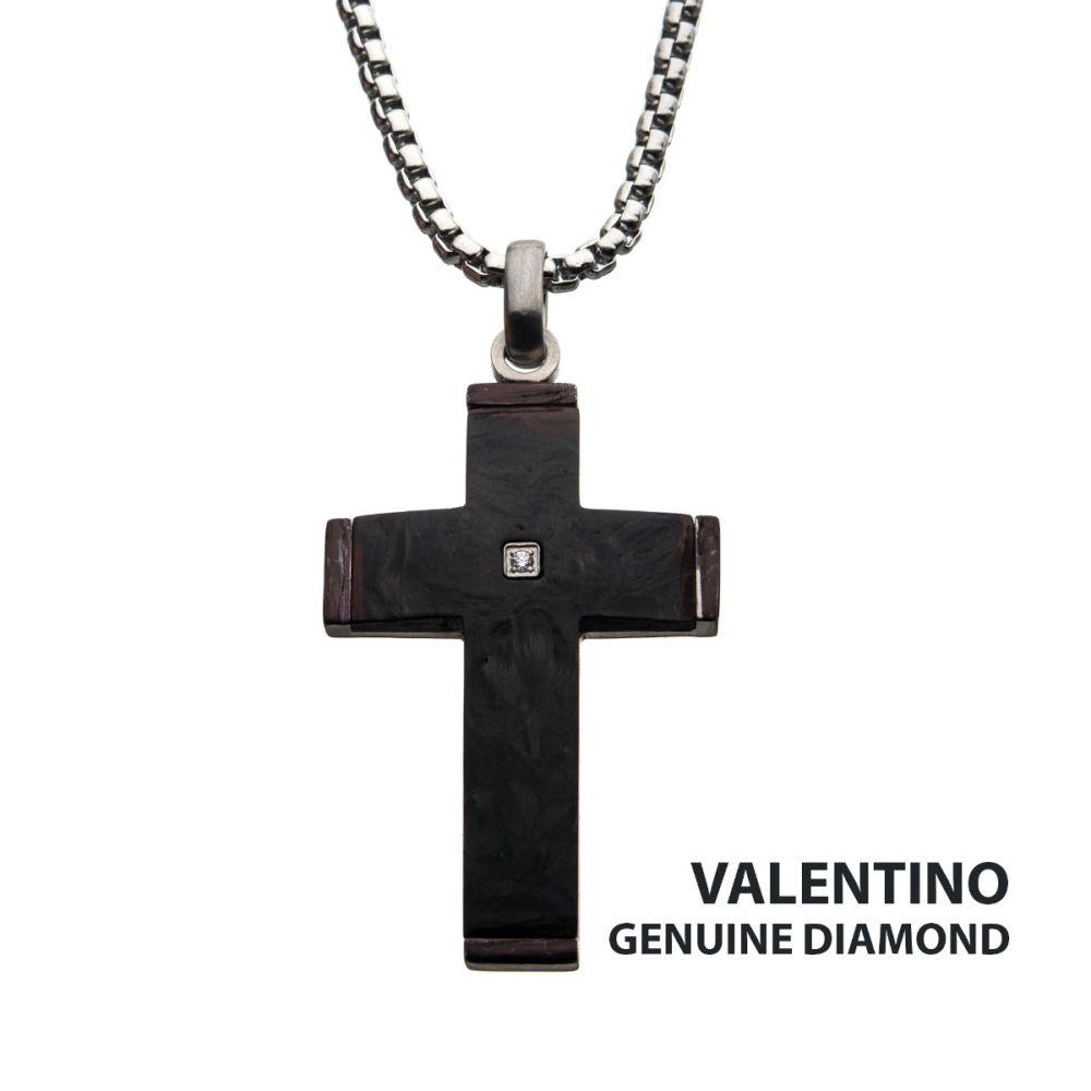 Men’s Solid Carbon Cross Pendant Necklace with Genuine Diamond