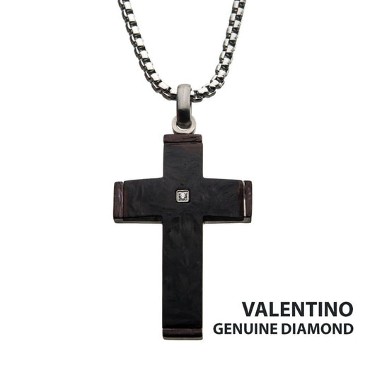 Men’s Solid Carbon Cross Pendant Necklace with Genuine Diamond