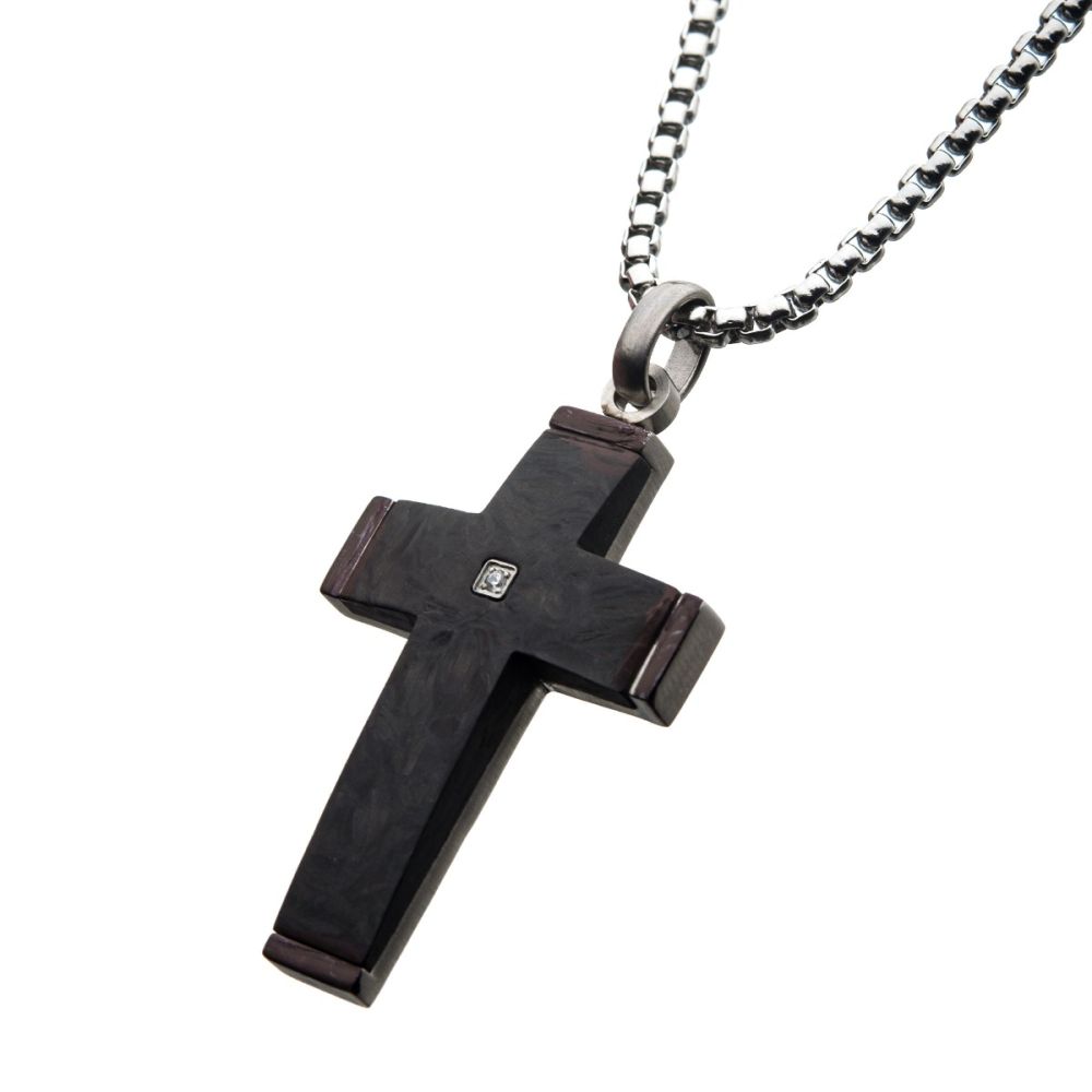 Men’s Solid Carbon Cross Pendant Necklace with Genuine Diamond