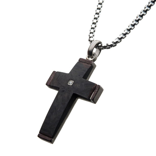 Men’s Solid Carbon Cross Pendant Necklace with Genuine Diamond