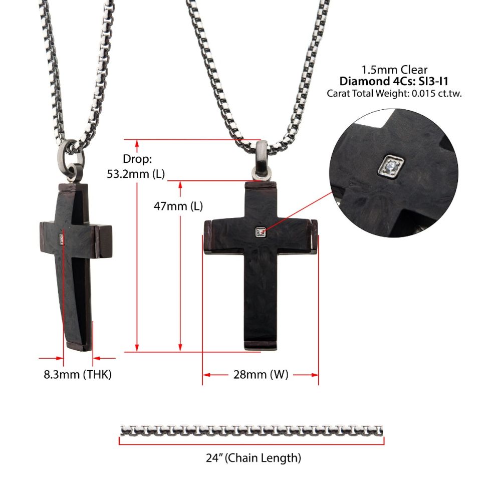 Men’s Solid Carbon Cross Pendant Necklace with Genuine Diamond