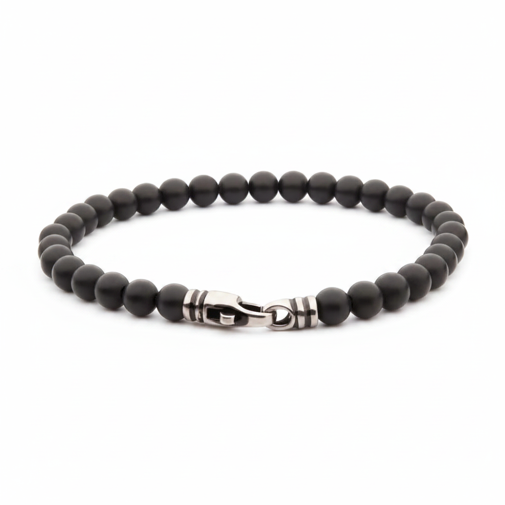 Men's 6mm Black Onyx Stone Bead Bracelet on white background