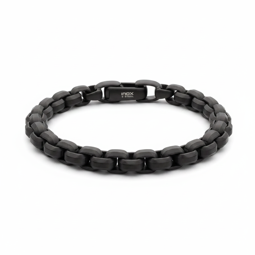 Men's 8mm Matte Black Stainless Steel Box Chain Bracelet on white background