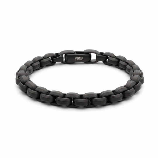 Men's 8mm Matte Black Stainless Steel Box Chain Bracelet on white background