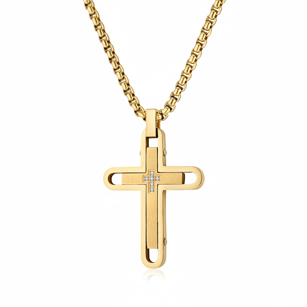 Men's fine jewelry stainless steel gold cross pendant on white background