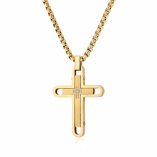 Men's fine jewelry stainless steel gold cross pendant on white background