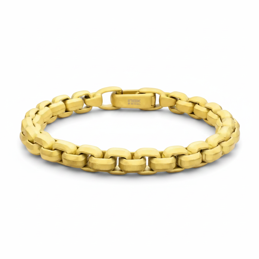 Men's 8mm 18Kt Gold IP Stainless Steel Box Chain Bracelet on white background