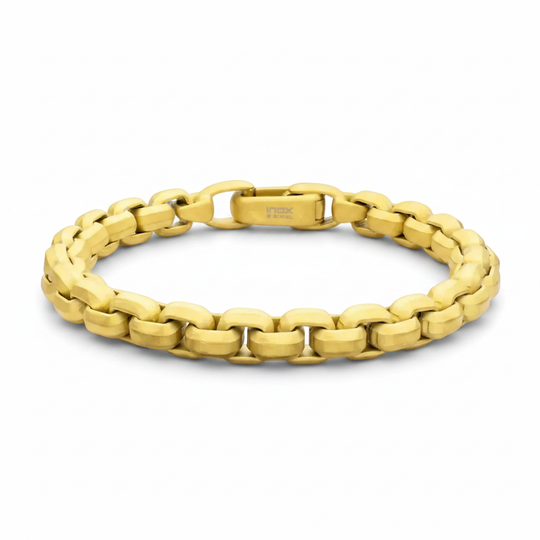 Men's 8mm 18Kt Gold IP Stainless Steel Box Chain Bracelet on white background