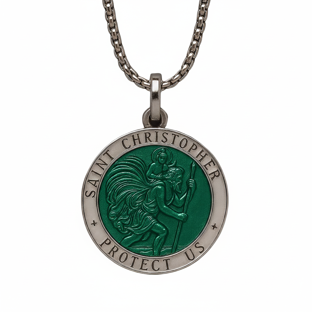Saint Christopher green enamel pendant on white background