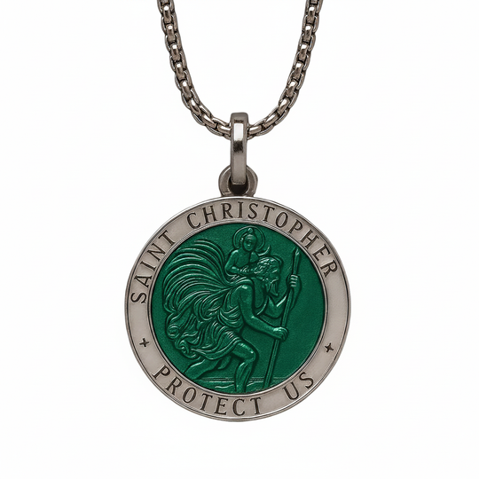 Saint Christopher green enamel pendant on white background