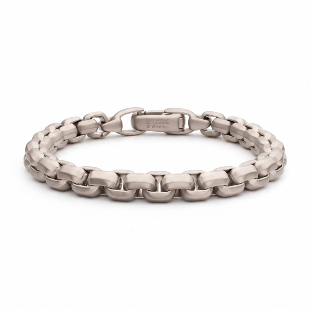 Men's 8mm Matte Stainless Steel Box Chain Bracelet on white background