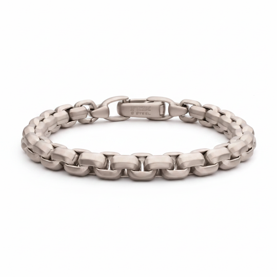 Men's 8mm Matte Stainless Steel Box Chain Bracelet on white background