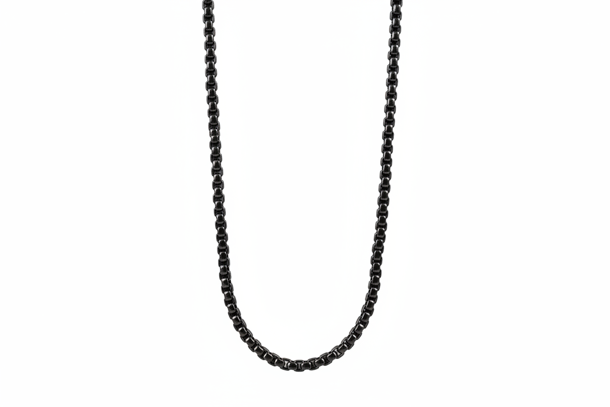 Men's Black Stainless Steel Round Box Chain Necklace on white background