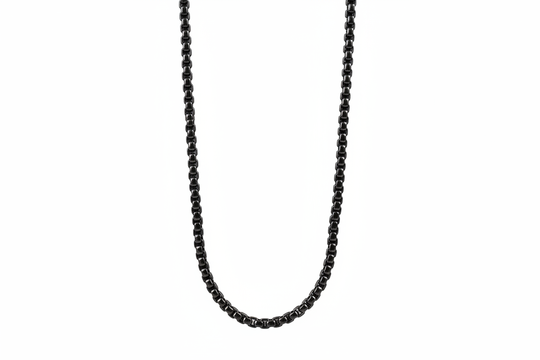 Men's Black Stainless Steel Round Box Chain Necklace on white background