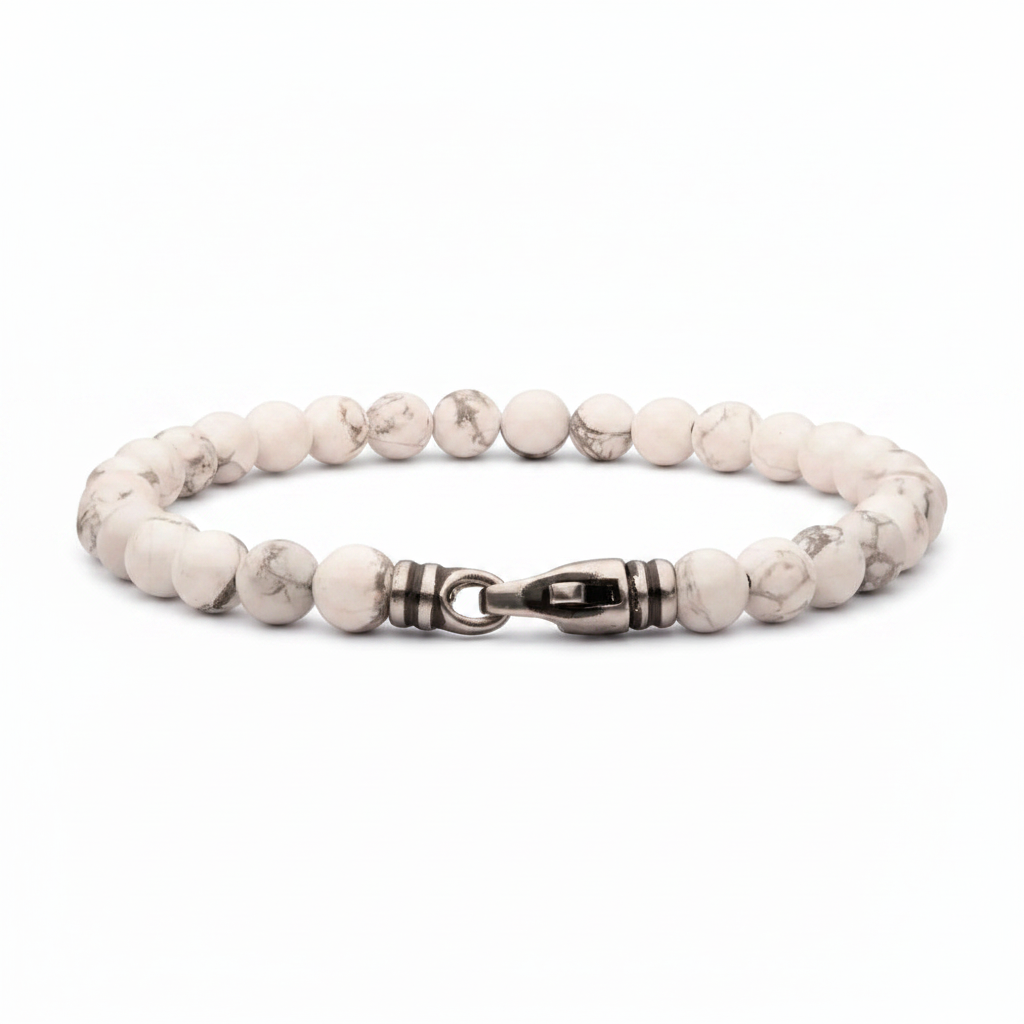 Men's 6mm howlite stone bead bracelet on white background