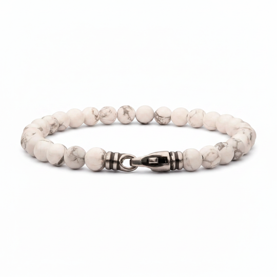 Men's 6mm howlite stone bead bracelet on white background