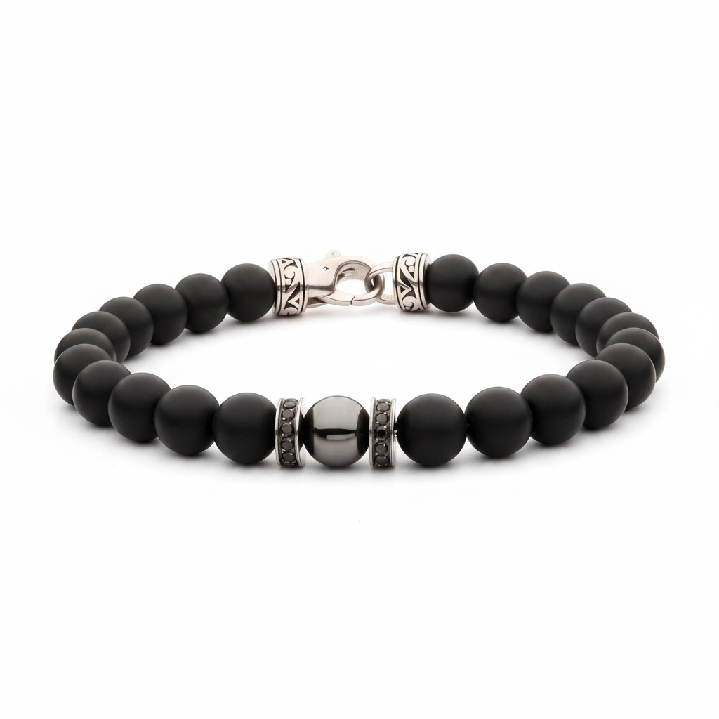 Men's 8mm hematite black onyx bracelet on white background