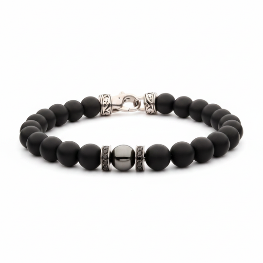 Men's 8mm hematite black onyx bracelet on white background