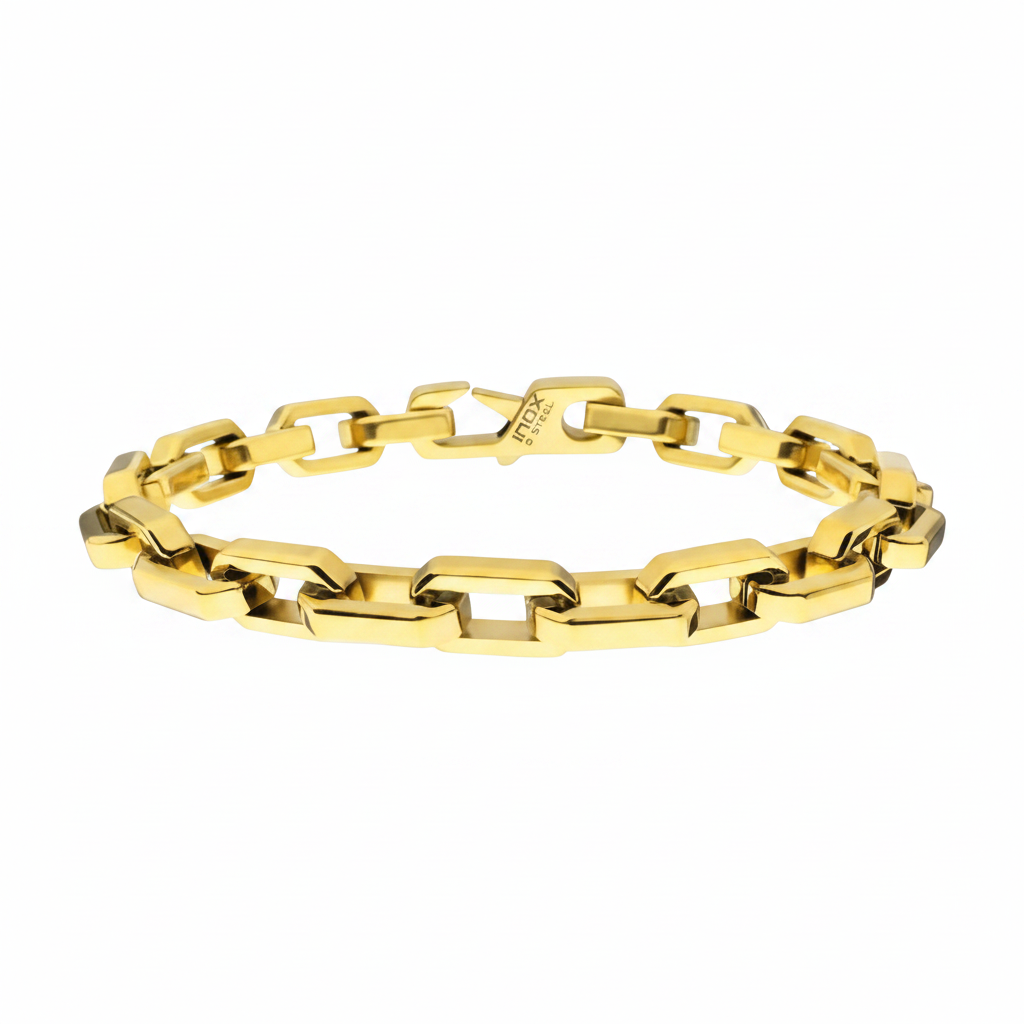 Men's 8mm polished finish 18kt gold IP steel paperclip chain bracelet on white background