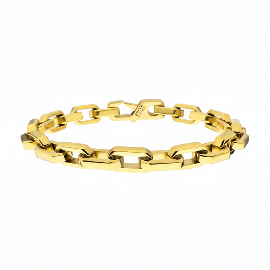 Men's 8mm polished finish 18kt gold IP steel paperclip chain bracelet on white background