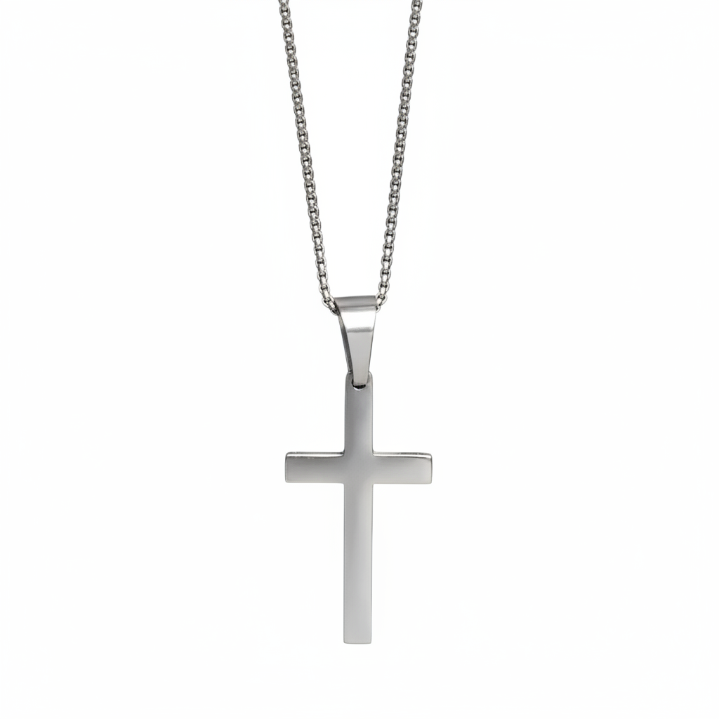 Silver stainless steel cross necklace on white background