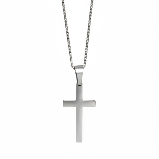Silver stainless steel cross necklace on white background