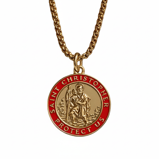 Saint Christopher gold vermeil pendant necklace with red enamel border on white background