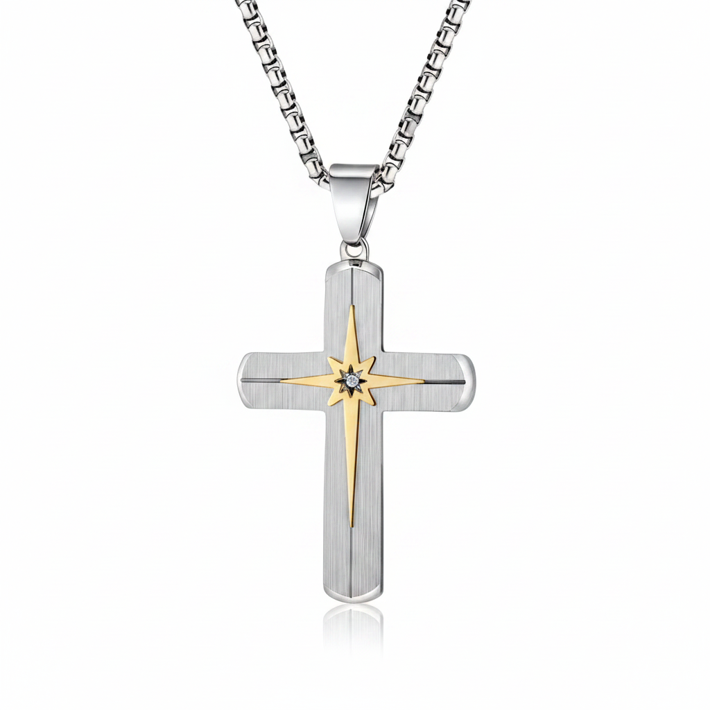 Stainless steel CZ cross pendant on white background
