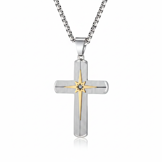 Stainless steel CZ cross pendant on white background