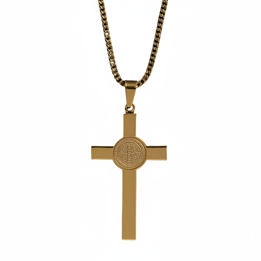 Gold St. Benedict cross necklace on white background