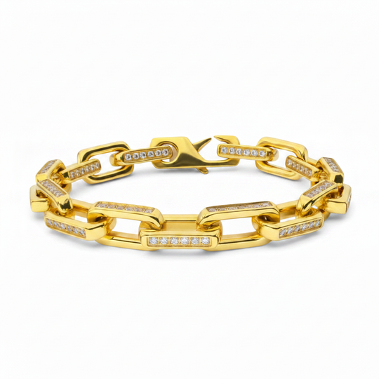 8mm polished 18kt gold IP steel paperclip chain bracelet with CZ accents on white background
