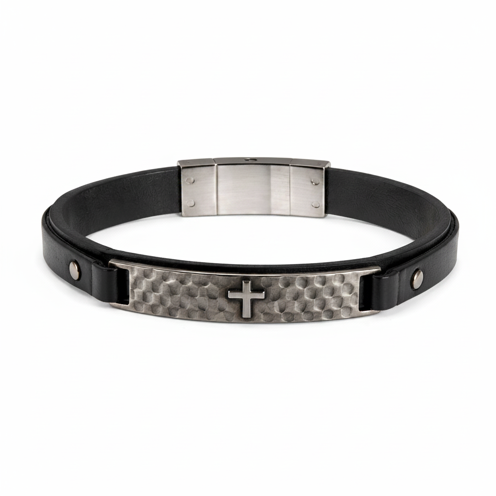 Men's Black Leather Cross Bracelet on white background