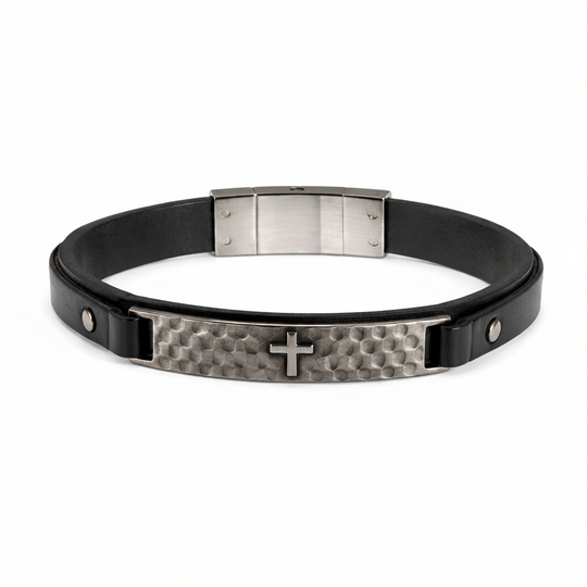 Men's Black Leather Cross Bracelet on white background