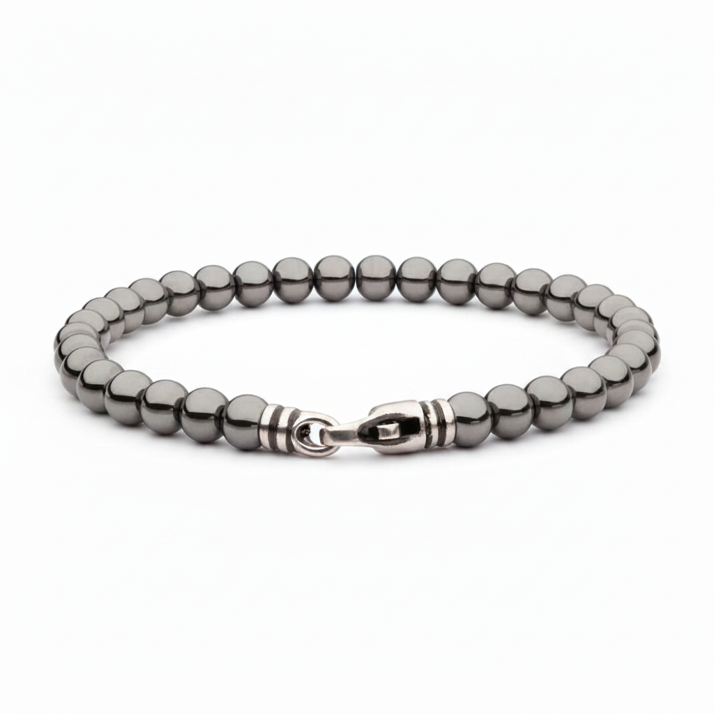 Men's 6mm Hematite Stone Bead Bracelet on white background