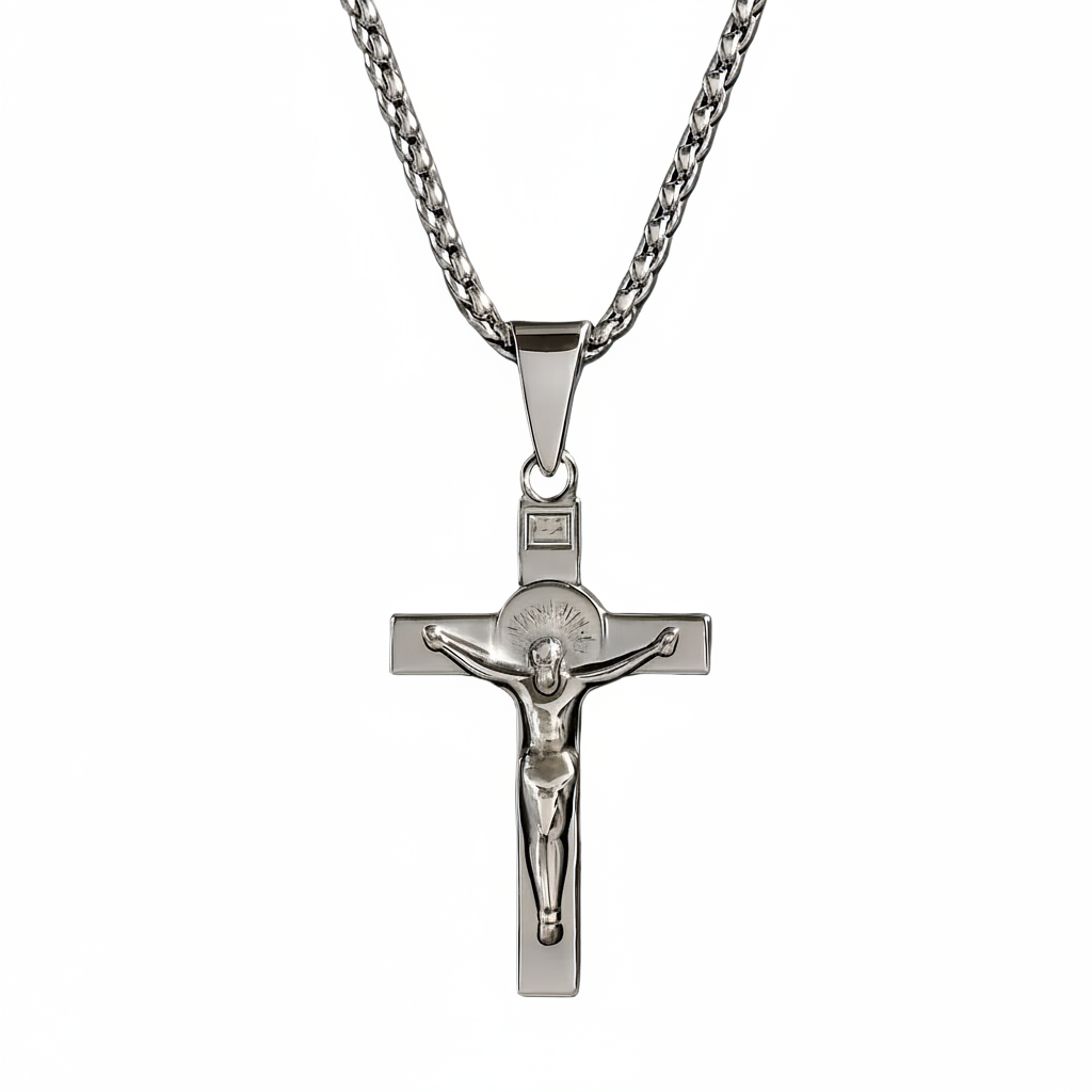 Stainless steel crucifix pendant necklace on white background