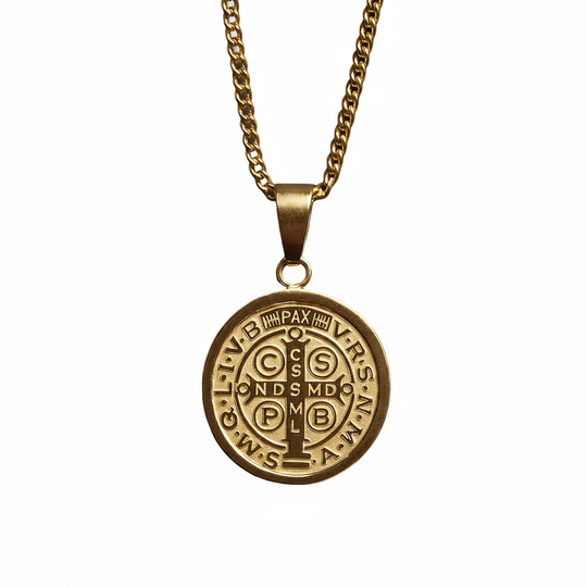 St. Benedict Medal Necklace 14K Gold Plated on white background