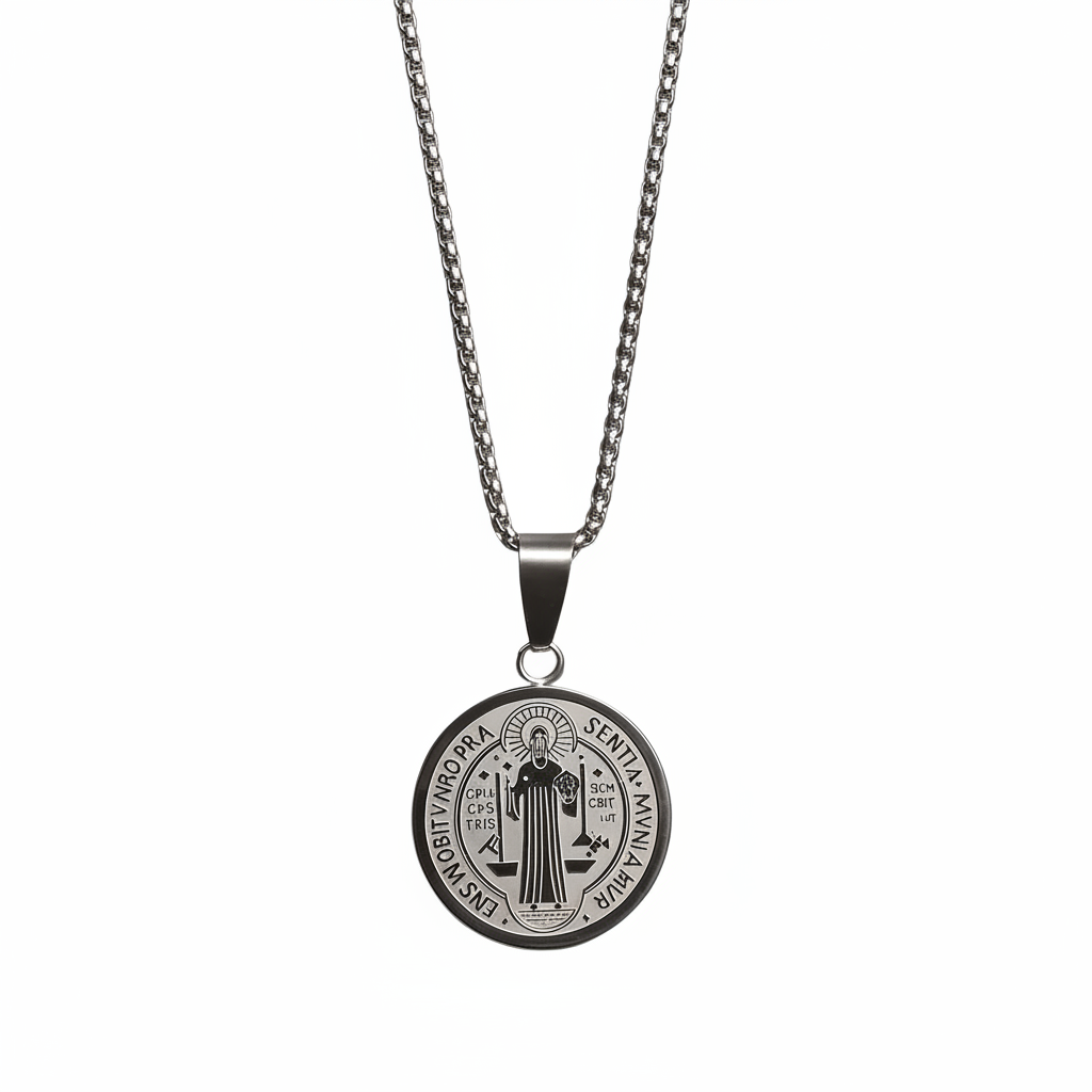 Silver St. Benedict medal necklace on white background