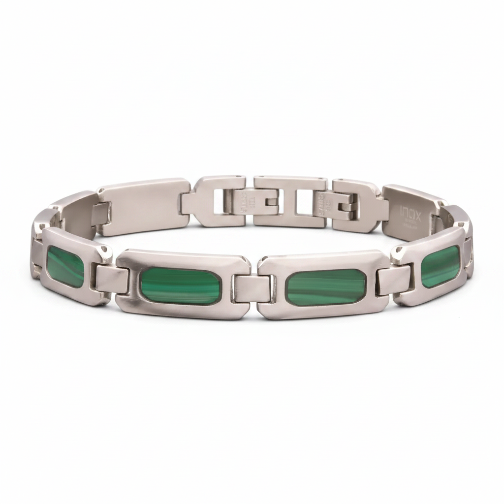 Men's Matte Stainless Steel Malachite Inlay Link Bracelet on white background
